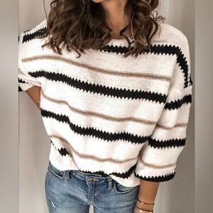 NWT Prettygarden Striped Black Gold White Sweater, Size Small, Acrylic Blend